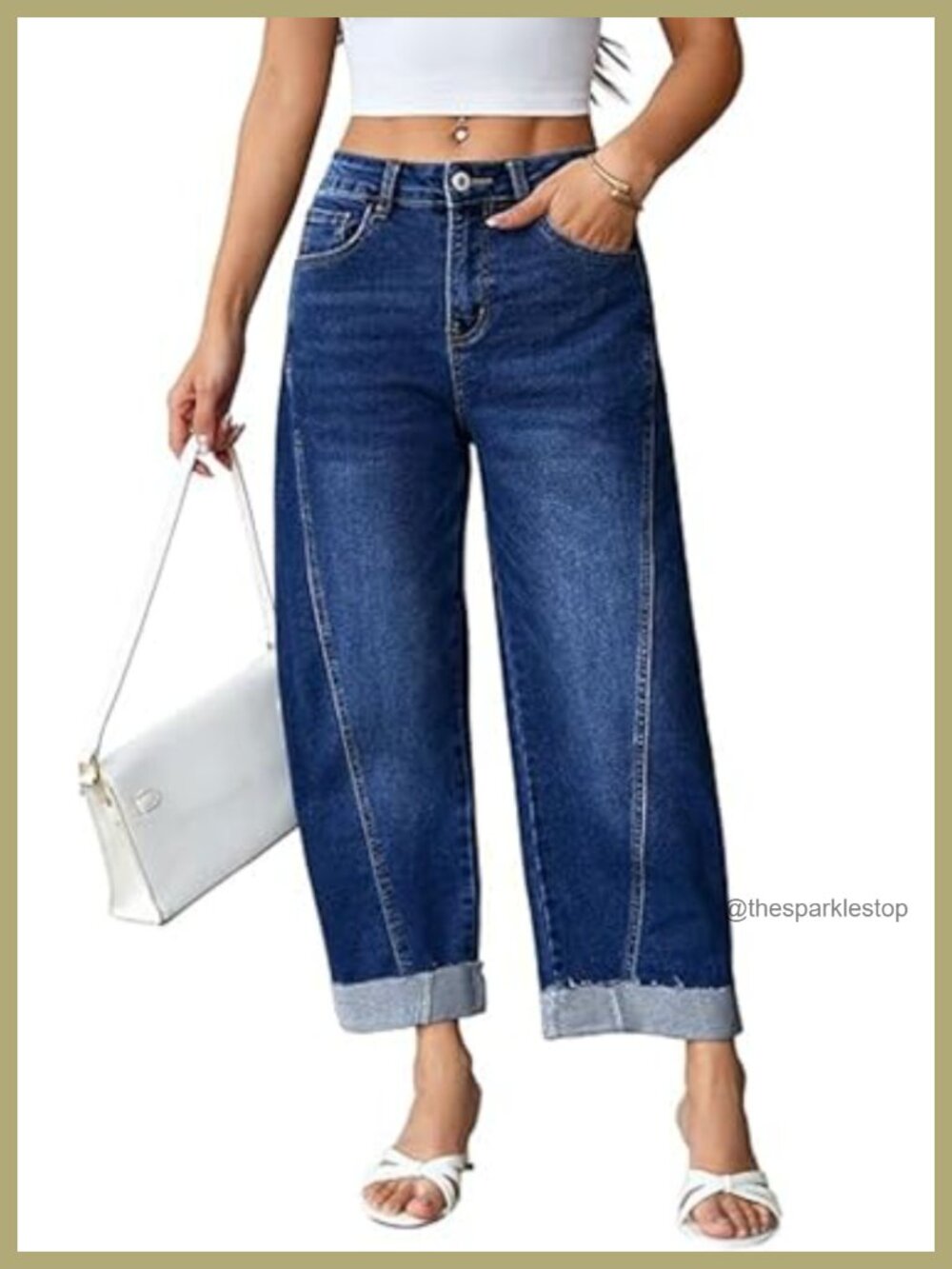 Women's Baggy Wide Leg High Waisted Cropped Denim Jeans Boyfriend Fit Patchwork